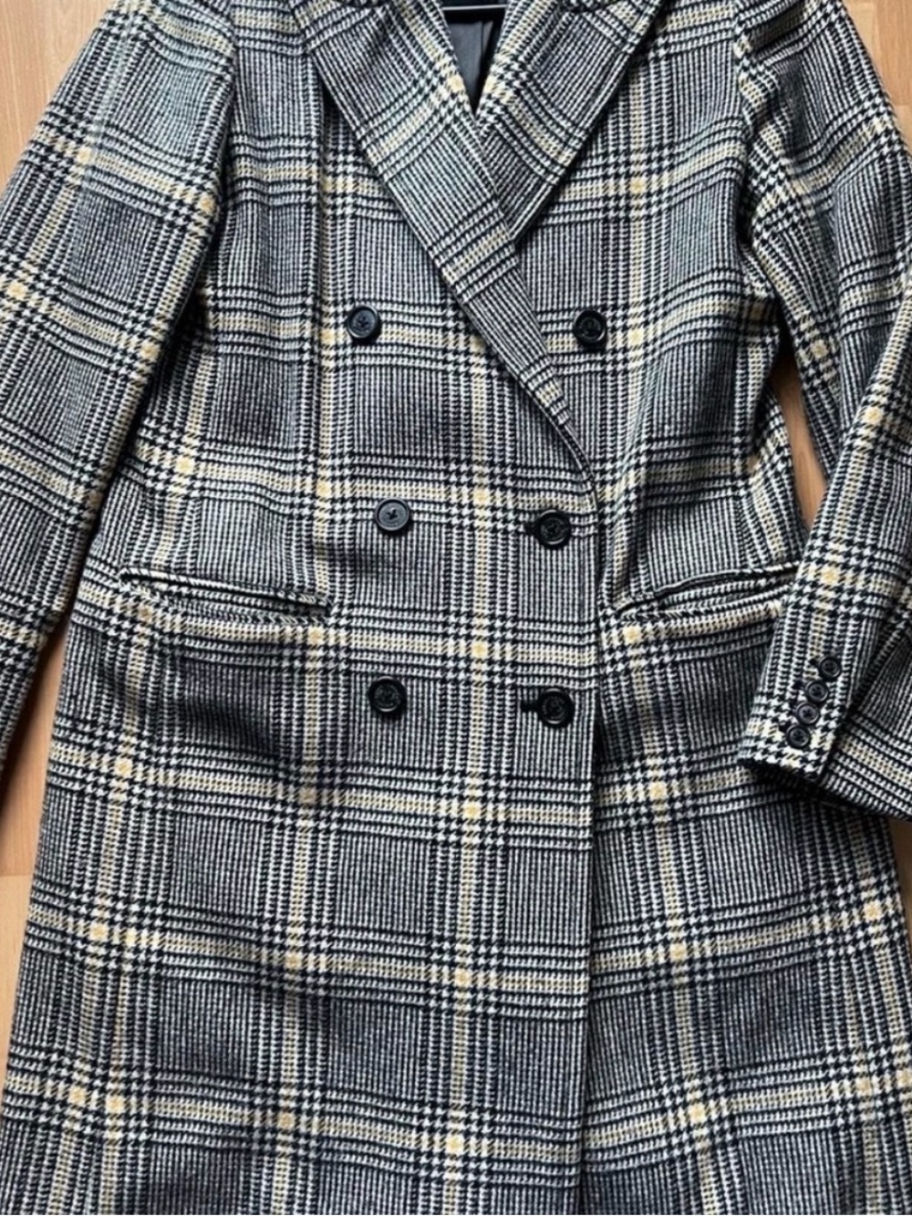 Ralph Lauren wool Double-Breasted Plaid Pea Coat - Black & Cream & yellow